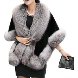 ✨Old Dlrd Women's Black Winter Faux Fur Coat Cloak Cape Shawl for Evening Party